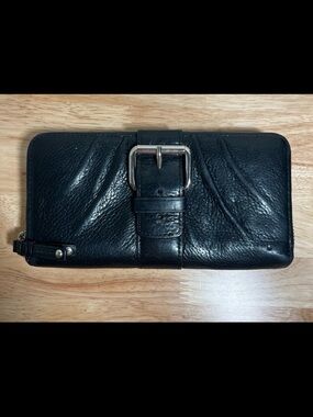 COACH Black Leather Buckle Stud Wallet Zipper Purple Liner Vintage Y2K
